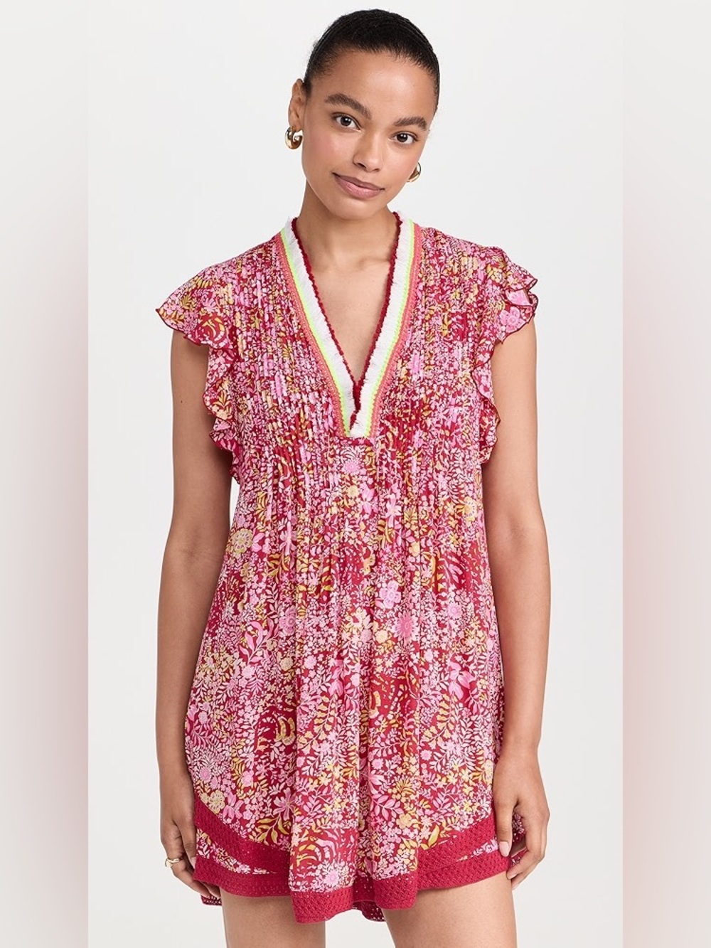 Poupette St. Barth Pink Floral V-Neck Ruffle Tunic with Contrast Trim